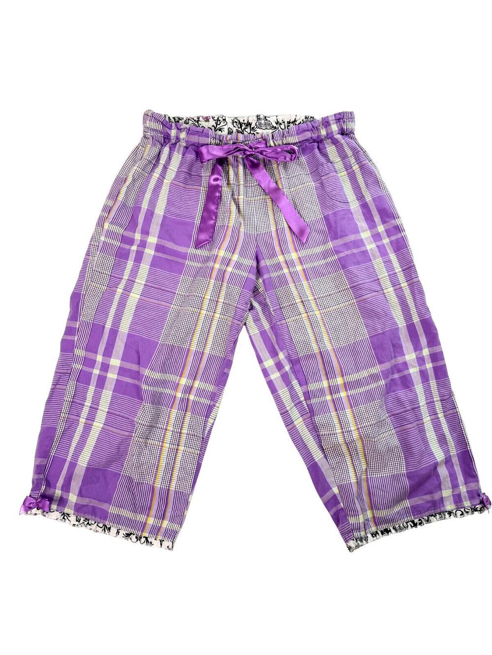 Jenni Purple Plaid Capri Lounge Pants Satin Bow Size M